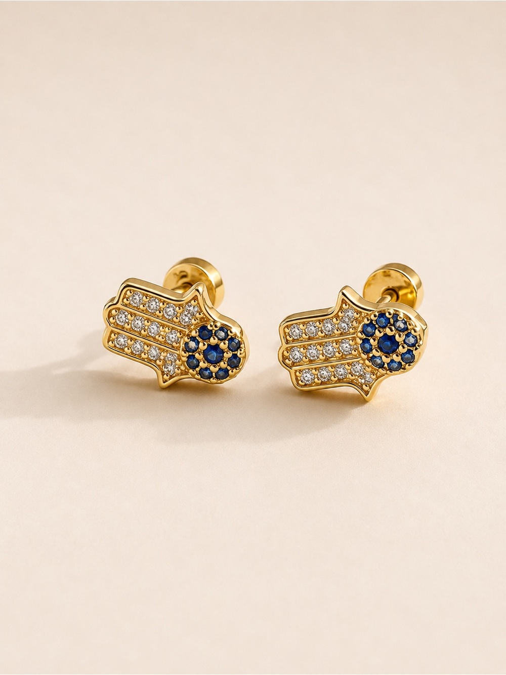 Gold Plated Hamsa Stud Earrings with Blue and White Stones Hypoallergenic